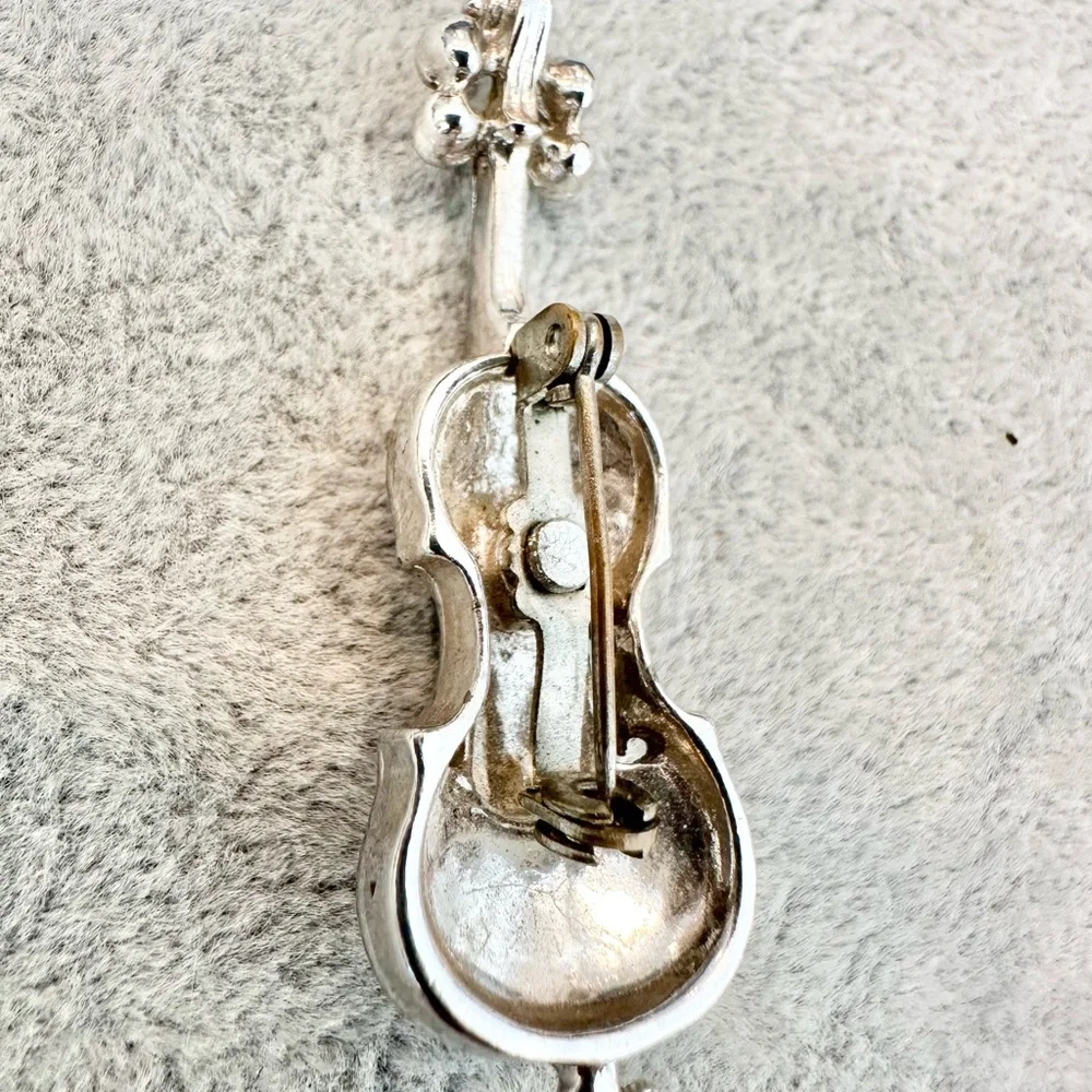 Vintage Silver Tone Violin Musical instrument Clear/Pink Rhinestone Brooch Pin - Picture 6 of 6